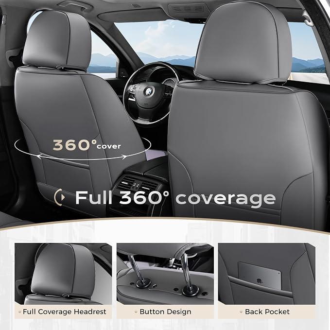 Coverado Car Seat Covers Full Set, Nappa Leather Seat Covers for Cars, Car Seat Protector Car Seat Cushion, Front and Back Seat Protectors Cushions Universal Fit for Most Cars Vehicles(Gray&Purple) - Image 5