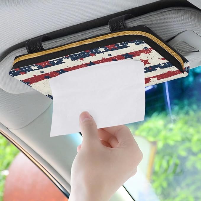 Biyejit 2 Pack Car Tissue Holder, USA Star Stripe Hanging Napkin Case, PU Leather Tissue Box for Car Sun Visor, Backseat for 4th of July Car Decor - Image 3