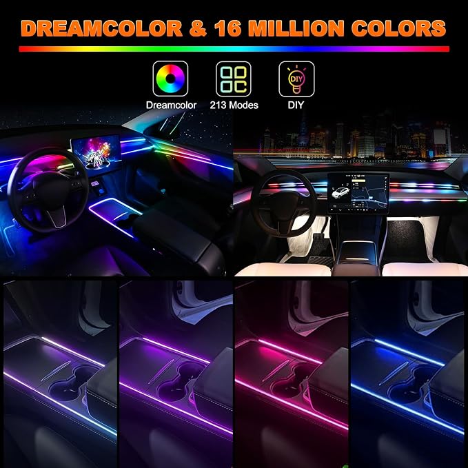Jushope Interior Car LED Strip Lights, Acrylic LED Lights for Car with Dynamic Dreamcolor Chasing, Ambient Lighting Kits Music Sync Wireless APP and RF Remote Control (43.5+14.5'') - Image 2