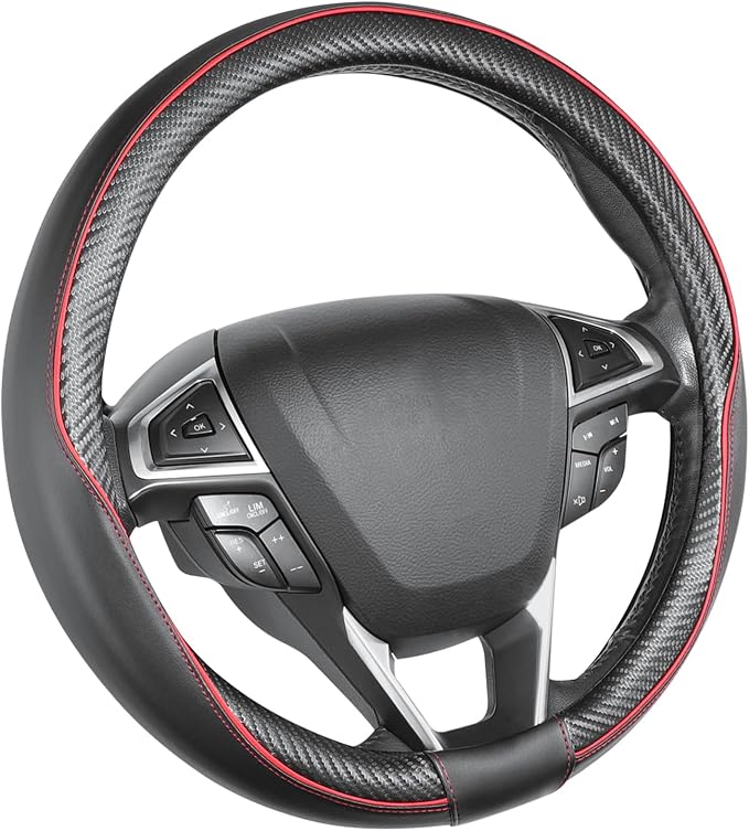 SEG Direct Steering Wheel Cover 14.5"-15" Heavy-Duty, Black Red Carbon | Universal Standard Medium Size 37-39cm, Microfiber Leather Carbon Fiber Pattern, Non-Slip, Car Auto Interior Accessories - Image 7