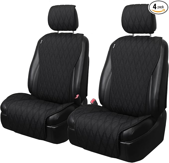 Leader Accessories 2pcs Sideless Front Seat Covers for All Seasons, Black | Breathable Faux Linen Seat Cushions, Non-Slip Bottom With Headrest Protectors, Universal Fit For Car Van SUV Pickup Truck by LeaderAccessories