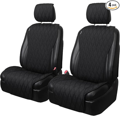Leader Accessories 2pcs Sideless Front Seat Covers for All Seasons, Black | Breathable Faux Linen Seat Cushions, Non-Slip Bottom With Headrest Protectors, Universal Fit For Car Van SUV Pickup Truck by LeaderAccessories