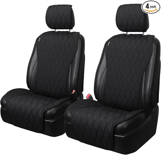 Leader Accessories 2pcs Sideless Front Seat Covers for All Seasons, Black | Breathable Faux Linen Seat Cushions, Non-Slip Bottom With Headrest Protectors, Universal Fit For Car Van SUV Pickup Truck by LeaderAccessories