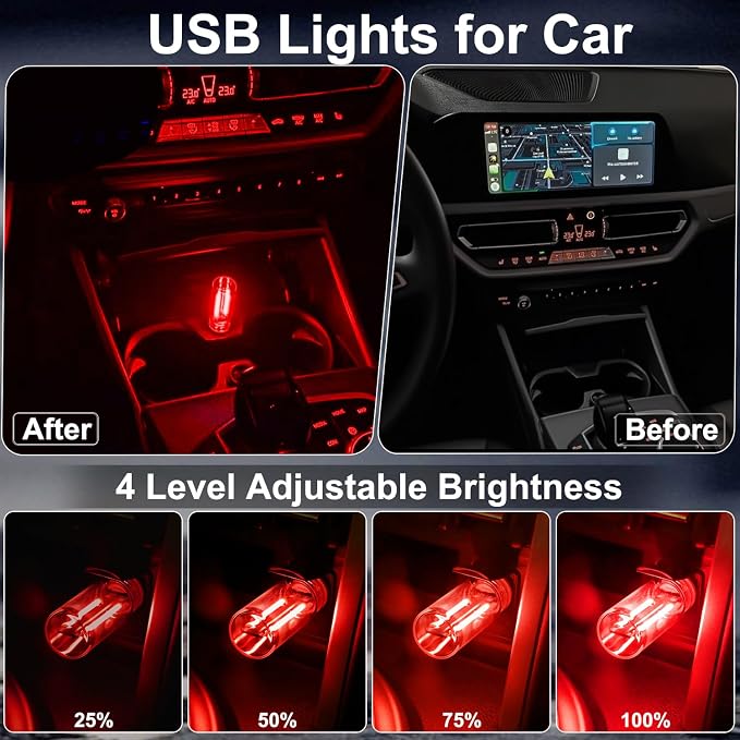 2Pcs Car USB Lights, Plug-in Retro Car Ambient Lighting Kit Dimmable, Red | Touch Adjustment Light, Portable Mini Glass Bottle LED Bulb Nightlights for Car Bedroom Hallway Camping Holiday Decoration - Image 3