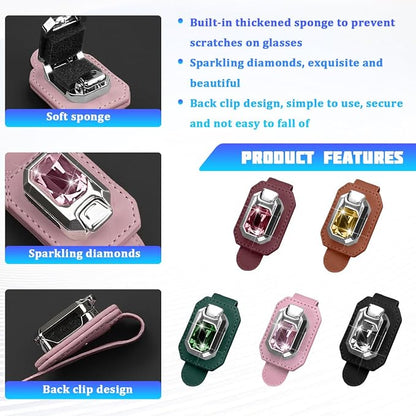 Bling Sunglasses Holders for Car Visor, Crystal Rhinestone Leather One Handed Operation Vehicles Sun Visor Glasses Clip, Automotive Interior Ticket Card Clip, Universal Fit (Black) - Image 5