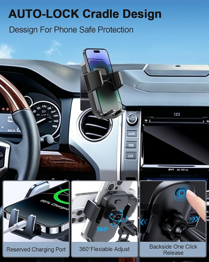 PZK Car Phone Mount for Toyota Tundra 2014-2021 Accessories Custom Air Vent | Auto Lock Car Phone Holder for Tundra Hands Free 360° Rotation One Button Release Fixed Clip Phone Cradles for All phone - Image 3