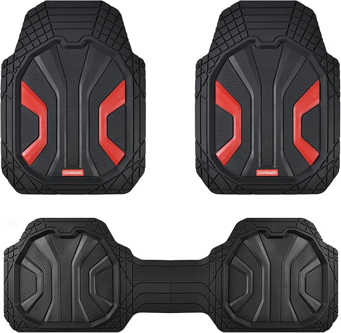 Coverado Car Mats Full Set, Car Floor Mats All Weather, Deep Dish Waterproof Floor Mat, Trim to Fit Automotive Car Mats, Universal Weather Mats for Cars SUV Trucks Sedans Vans (3Pcs,Black&Red) by COVERADOAUTO
