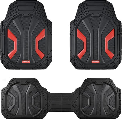 Coverado Car Mats Full Set, Car Floor Mats All Weather, Deep Dish Waterproof Floor Mat, Trim to Fit Automotive Car Mats, Universal Weather Mats for Cars SUV Trucks Sedans Vans (3Pcs,Black&Red) by COVERADOAUTO