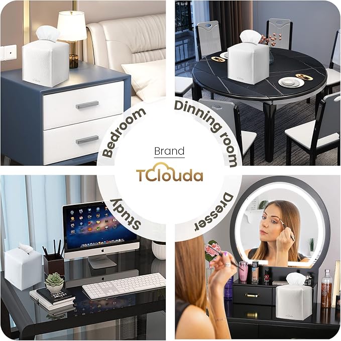 Tissue Box Cover, Tclouda, Modern PU Leather Square Tissue Box Holder for Creative Decorative, 2 Pack, Ideal for Bathrooms/Office/Car/Nightstand/Outdoor Tent/Dining Table, 5"X5"X5", Double White - Image 4