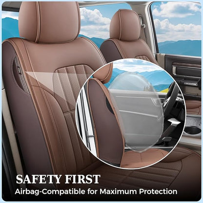 Truckiipa Dodge Ram 2 Front Seat Covers Custom Fit for 2002-2025 2026 1500 2500 3500 Pickup Crew Double Quad Cab Laramie Big Horn Full Coverage Waterproof Leather Truck Seat Protectors, Brown - Image 4