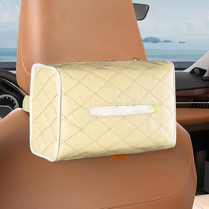 Car Tissue Holder, Soft PU Leather Auto Backseat Napkin Holder, Rectangle Hanging Tissue Box for 100-150 Standard Tissues, Universal Car Interior Storage & Organization Accessories (Beige) by Unknown