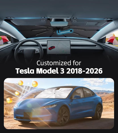 Windshield Sun Shade for Tesla Model 3 2018-2026 with 360° Rotating Shaft | Custom Fit Umbrella Sunshade for UV Blocking, Interior Heat Protection, Easy Storage, UPF 50+ Cool Windshield Cover - Image 2