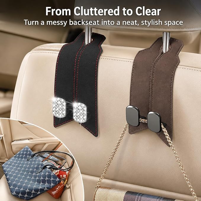 2 Pack Car Headrest Hooks, Dual Metal Purse Hangers, Classic Brown | Premium leather with dual metal hooks and anti-drop design. Holds purses, bags, coats, and groceries securely. - Image 4