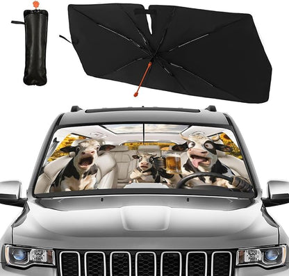 CHILL·TEK Funny Car Windshield Sun Shade Umbrella, Funny Cows Car Sun Shade Umbrella, Block UV Rays Heat Foldable Windshield Umbrella Sun Visor Protector - Keep Vehicle Cool for Cars SUV - Image 2