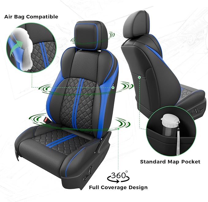 RIDEPOSH Custom Leather Seat Covers for Toyota Tacoma Double Cab 2024-2026 | full set, BKblue, OEM fit, premium waterproof leather, anti-slip, extra pockets, long-term durability, airbag compatible - Image 3