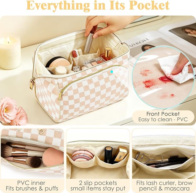 Fammart Travel Makeup Bag for Women, Waterproof Checkered Cosmetic Cosmetic Bag Make Up Organizer Case, Large Wide-open Toiletry Bag for Skincare, Brushes, Bathroom & Travel Essentials - Image 4