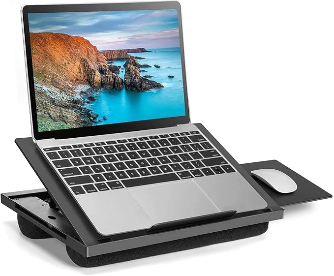 HUANUO Adjustable Lap Desk with 6 Angles – Up to 15.6" Laptop, Black | Detachable mouse tray for left/right use, dual-cushion base, anti-slip design, carry handle, for home office, sofa, bed, car by HUANUO