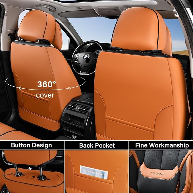 Coverado Universal Seat Covers Full Set, 5 Seats Universal Seat Covers for Cars, Waterproof Nappa Leather Car Seat Covers with Head Pillow, Auto Protectors Fit for Most SUV Pick-up Truck-Black&Brown - Image 2