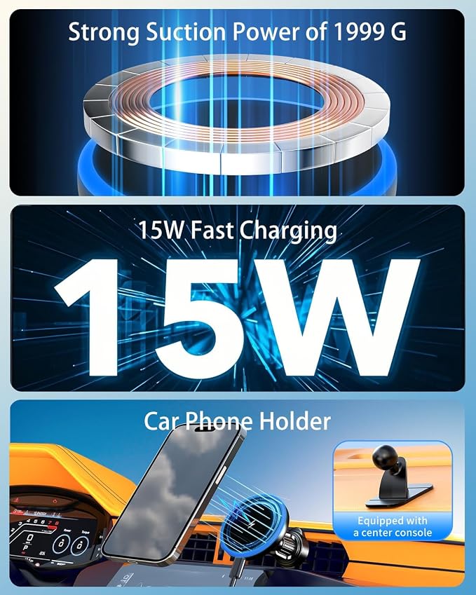 Mag Safe Car Mount Charger, 3 in 1 [LED RGB HandsFree] Wireless Car Charger | Strong Magnetic Phone Holders for Your Car- Fast Charging MagSafe Car Phone Monut Charger for iPhone 17/16/15/14/13/12 Series - Image 2