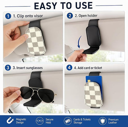 Leather Magnetic Sunglass Holder for Car Sun Visor, Cute Eyeglass Ticket Card Hanger Clip, Universal Auto Interior Accessories for SUV Pickup Truck, Beige Checkered - Image 5