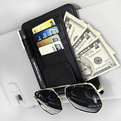 Small Leather Sun Visor Organizer for Car and Truck - Sunglass Holder, Card Sleeve Pocket, Document Holder for Registration, Driving License, Insurance, Pen, Chapstick - Image 2