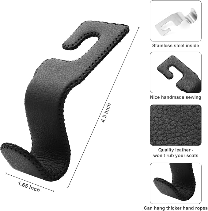 AMVOYOA Leather-Wrapped Car Headrest Hooks & Seat Back Organizer - 2 Pack U-Shaped Car Purse Holder for Bags, Coats, Handcrafted Stitching, Flexible Car Accessories for Women (Gray) - Image 6