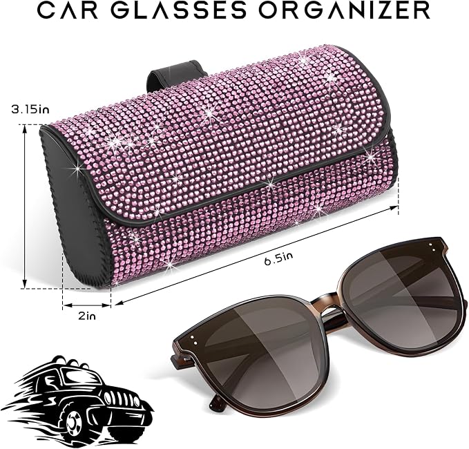 Sunglasses Holder for Car Sun Visor, Bling Leather Eyeglasses Visor Storage Case with Hidden Magnetic Closure, Sparkling Auto Visors Protective Organizer Storage Box (Pink) - Image 2