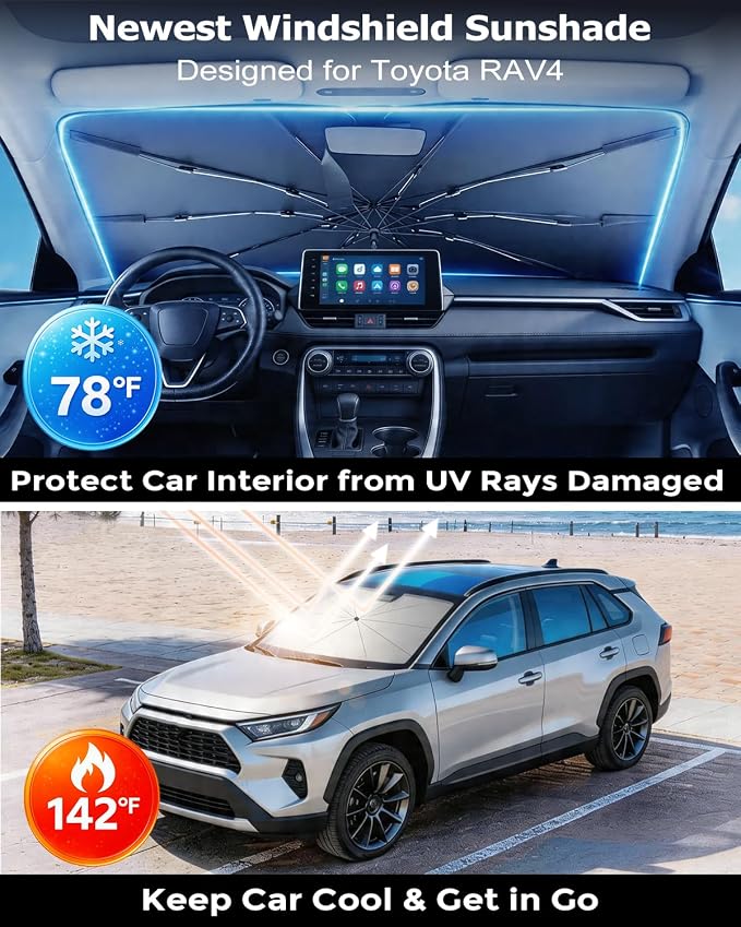 DMJN Umbrella Windshield Sun Shade for Toyota RAV4, Car Sunshade for Front Windshield [Nano Ice-Crystal Coatings] UPF50+ Heat & UV Block, Protect Interior & Keep Cooler - Image 2
