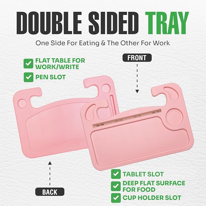 lebogner Steering Wheel Tray, Car Tray for Eating, Hook On Steering Wheel Desk for Food, Laptop and Car Accessories, Car Road Trip Must Haves Gadgets Car Table (Light Pink, with Tablet Slot) - Image 3