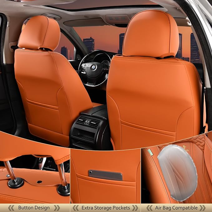 Seat Covers, Leather Car Seat Covers Front Seats, Automotive Seat Covers Waterproof Car Seat Cushion Orange Seat Cover Protector Universal Fit for Most Cars Trucks SUVs - Image 2