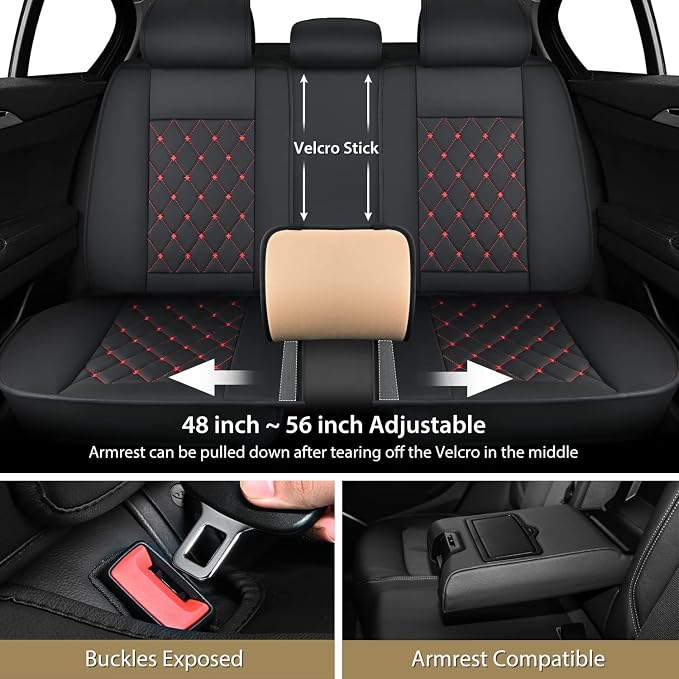 Nilight 5 Car Seat Covers Universal Fit for Civic Corolla Accord Camry | Waterproof Faux Leather Cushions Anti-Slip For 5 Passenger Cars Hyundai Kia Honda CR-V Fusion SUV Truck (Black+Red Full Set) - Image 3