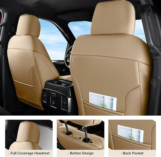 Coverado Premium Leather Truck Front Seat Covers – Custom Fit, Waterproof, Heavy Duty, Anti-Spill, Scratch Resistant Protector for Ford F150 2015-2026, F250-F450, Beige - Image 2