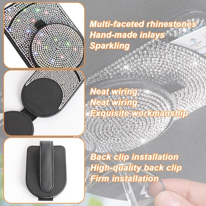 Bling Sunglasses Holder for Car Visor, Genuine Leather Crystal Rhinestone Vehicle Eyeglasses Clip Mount Hanger, Auto Ticket Card Origanizer for Women Girls, Universal Fit (Multicolor) - Image 3