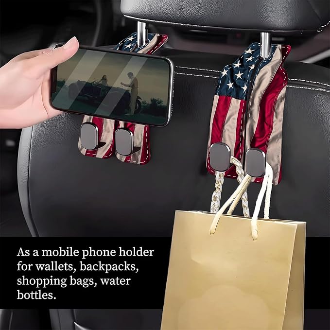Car Seat Headrest Hook, Universal Leather Cute Hanger Holder Hook, Storage Organizer Interior Accessories for Purse Bags Handbag Cute American Flag - Image 2