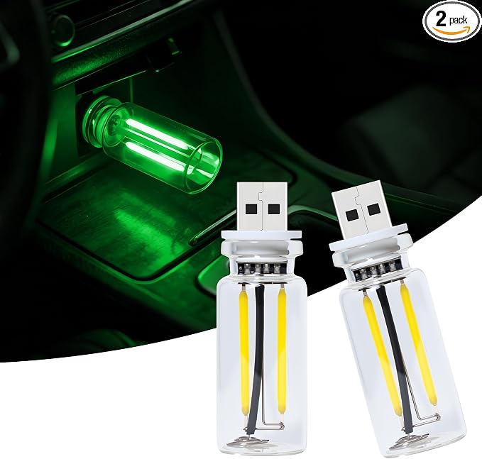 2 Packs USB Light for Car, Touch Dimmable Car Interior Ambient Lights - Portable Mini USB LED Light Bulb, Retro Glass Bottle Night Light for Vehicle, Bedroom, Hallway, Camping(Green) by LIGREL