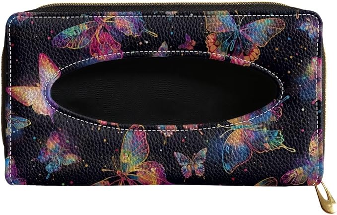 Biyejit Car Tissue Holder, Colorful Butterfly PU Leather Sun Visor Napkin Box Holder, Hanging Tissue Mask Holder with Glasses Clip for Car Visor, Auto, Vehicle Accessories by Biyejit