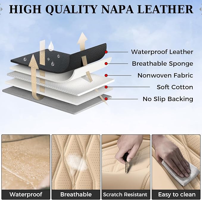 Coverado Seat Covers FullSet, 5 Seats Car Seat Protector, Waterproof Nappa Leather Cushion, Front & Rear Fit for Most Sedans SUV Pick-up Truck-Beige - Image 8