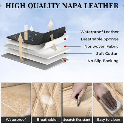 Coverado Seat Covers FullSet, 5 Seats Car Seat Protector, Waterproof Nappa Leather Cushion, Front & Rear Fit for Most Sedans SUV Pick-up Truck-Beige - Image 8