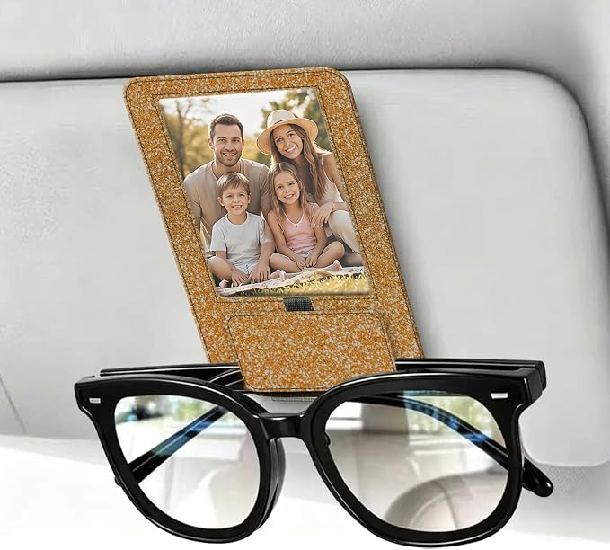 2-in-1 Car Visor Sunglasses & Photo Holder, Magnetic PU Leather Glasses Clip with Picture Display Slot, Universal Sun Visor Organizer for Eyeglasses, Personalized Cards & Memories, Gold Bronze Glitter - Image 6