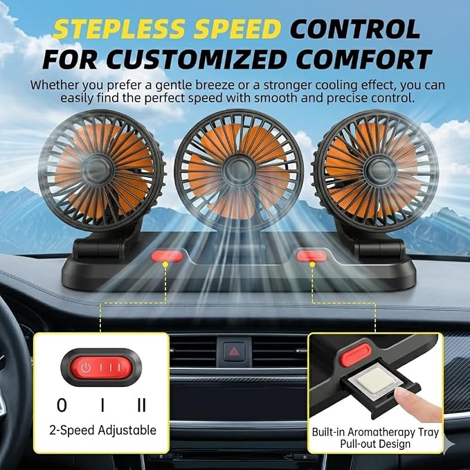 24V Heavy Duty Car Cooling Fan with Cigarette Lighter Plug, 3-Head High Speed Fan, 2-Speed Adjustable, 360° Rotating, Powerful Airflow for Semi Truck Tractor Bus RV Construction Vehicle - Image 4