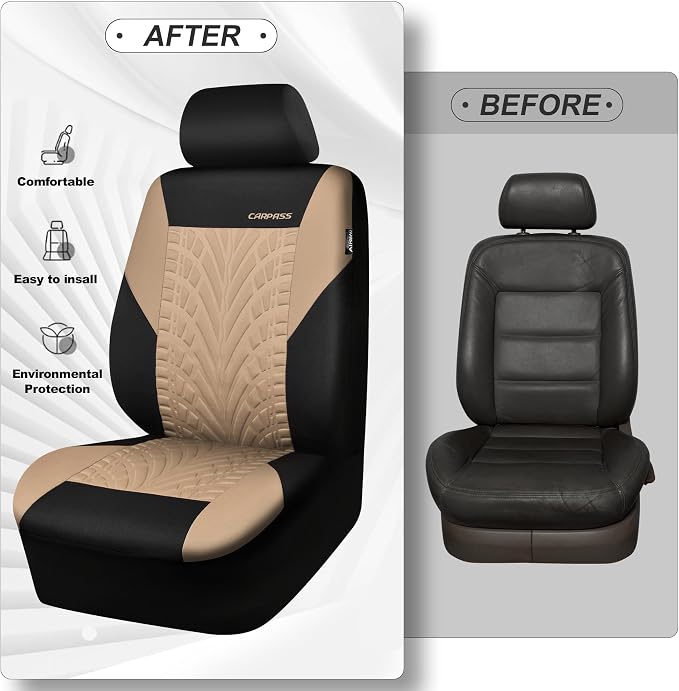 CAR PASS Car Seat Covers Two Front Only for Car, 3D Tyre Print Automotive Interior Covers, Airbag Compatible, Quick Setup Universal Fit Seat Covers for Car, Truck, SUV(Black and Beige) - Image 6