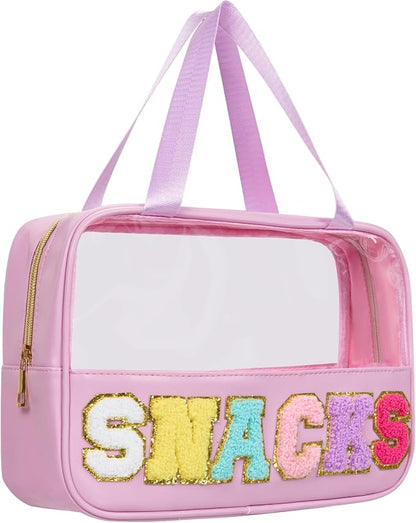 Snack Bags Chenille Letter Clear Makeup Bag Snacks Bags for Travel, Clear Snack Pouch, Preppy Cosmetic Bag, Sunscreen Bag, Travel Toiletry Pouches Cosmetic Pouch for Women and Girls by Burskit%E2%80%94ShineYourBrightestSelf