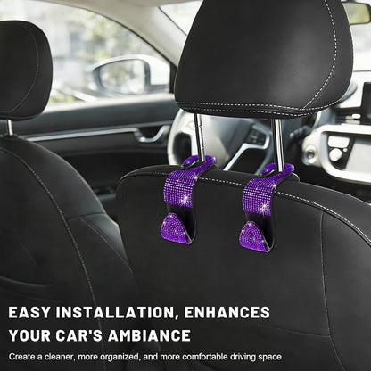 4 PCS Bling Car Seat Headrest Hooks, Sparkly Crystal Rhinestone Auto Back Seat Hanger Backpack Storage Hanger, Universal Diamond Handbag Hanging Holder for Car RV SUV Truck (Purple) - Image 6