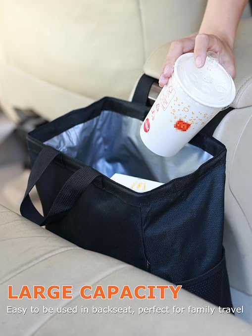 Ginsco New Leak-Proof Travel Car Trash Bag, 3.5 Gallons Large Capacity Hanging Car Trash Can with Hook and Loop Lid and Handle, Multipurpose Trash Bin with Storage Pockets for SUV RV Camping (Black) - Image 3