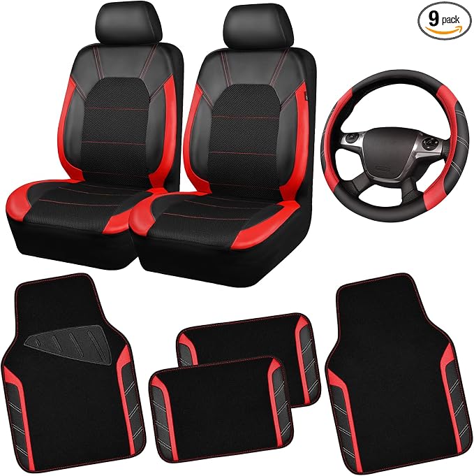 CAR PASS Air Mesh Leather Car Seat Covers for Front Seats, Waterproof Car Floor Mats, Sporty Steering Wheel Cover, Universal Fit for 95% Cars Truck SUV (Black and Red) by CARPASS