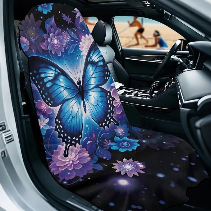 Blue Butterfly Flower Towel Seat Covers for Cars Front Seat Only Sweat Auto Interior Seat Protector Butterfly Print Car Seat Cover Towel for Yoga Mat Universal Automotive Seat Cushion Pads - Image 2