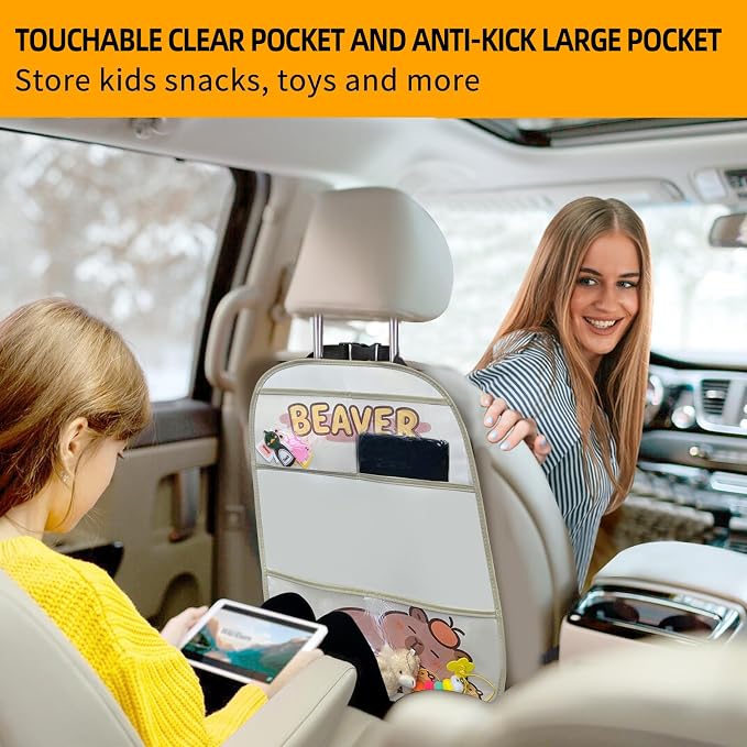 kids Leather Car Backseat Organizer with Foldable Table Tray, Car Storage Organizer with Tablet Holder, Car Seat Back Protectors Kick Mats, Travel Accessories (Capybara) - Image 6