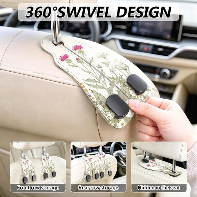 Cute Vintage Wildflower Car Seat Back Storage Headrest Hooks for Purses & Bags – 2PCS PU Leather Dual Metal Hooks, Backseat Organizer Accessories - Image 4
