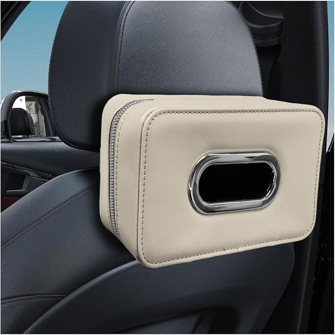 Craedli Car Tissue Holder, Leather Backseat Tissues Box Cover Rectangular Car Napkin Holder for 100-150 Tissues Organizer, Large Napkin Case Auto Headrest Hanging Mask Dispenser for SUV Sedan (Beige) by Unknown