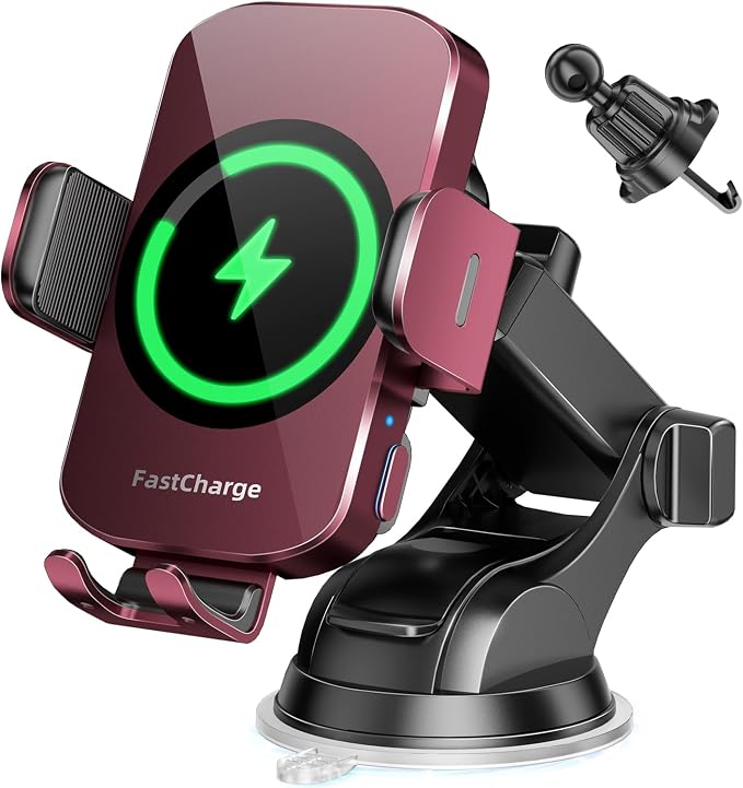 3-in-1 Wireless Car Charger Mount, 15W Fast Charging Auto-Clamping Phone Holder for iPhone 17 16 15 14, Samsung Galaxy S24 S23, Dashboard, Vent & Windshield Car Mount(Deep Red) by BothLin